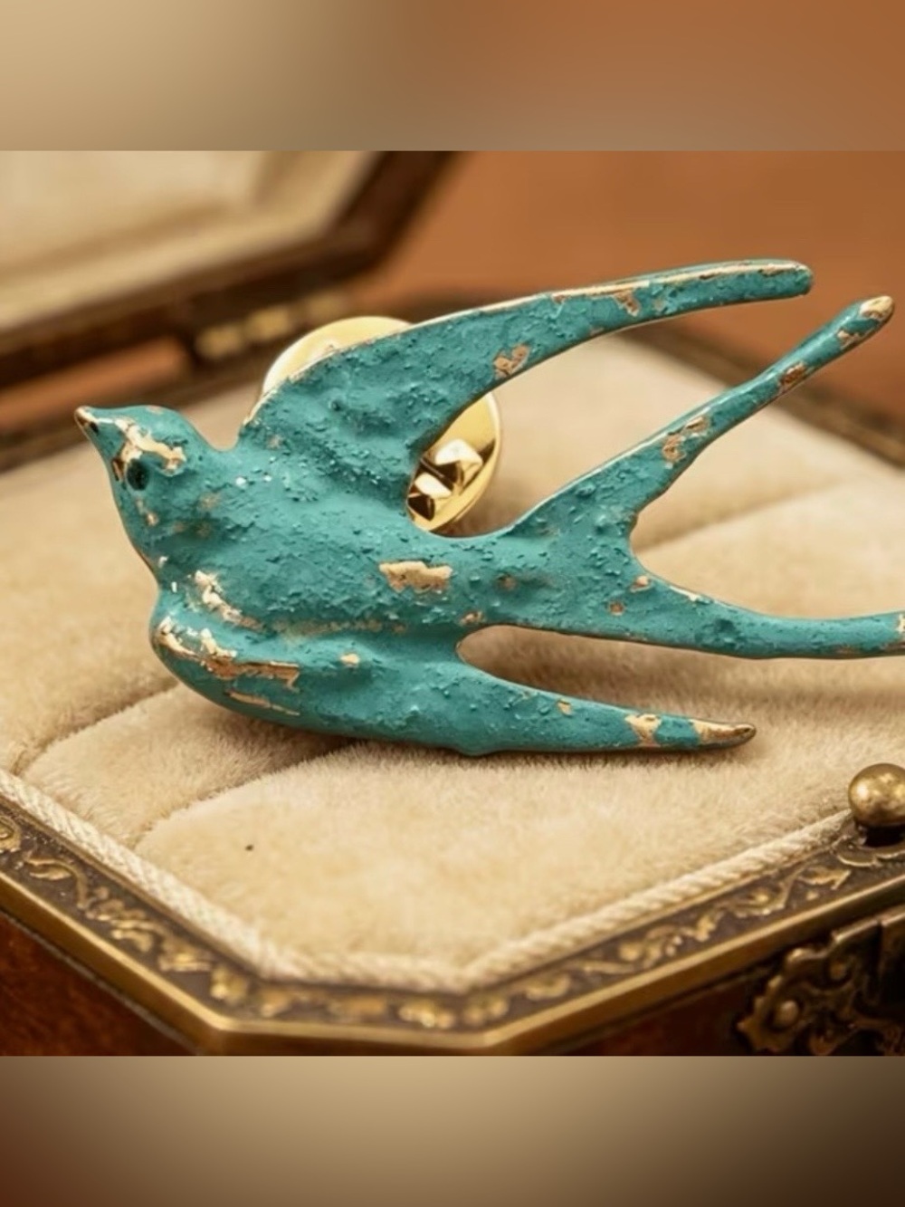 Verdigris Style Swallow Bird Brooch Turquoise Patina Costume Pin NEW